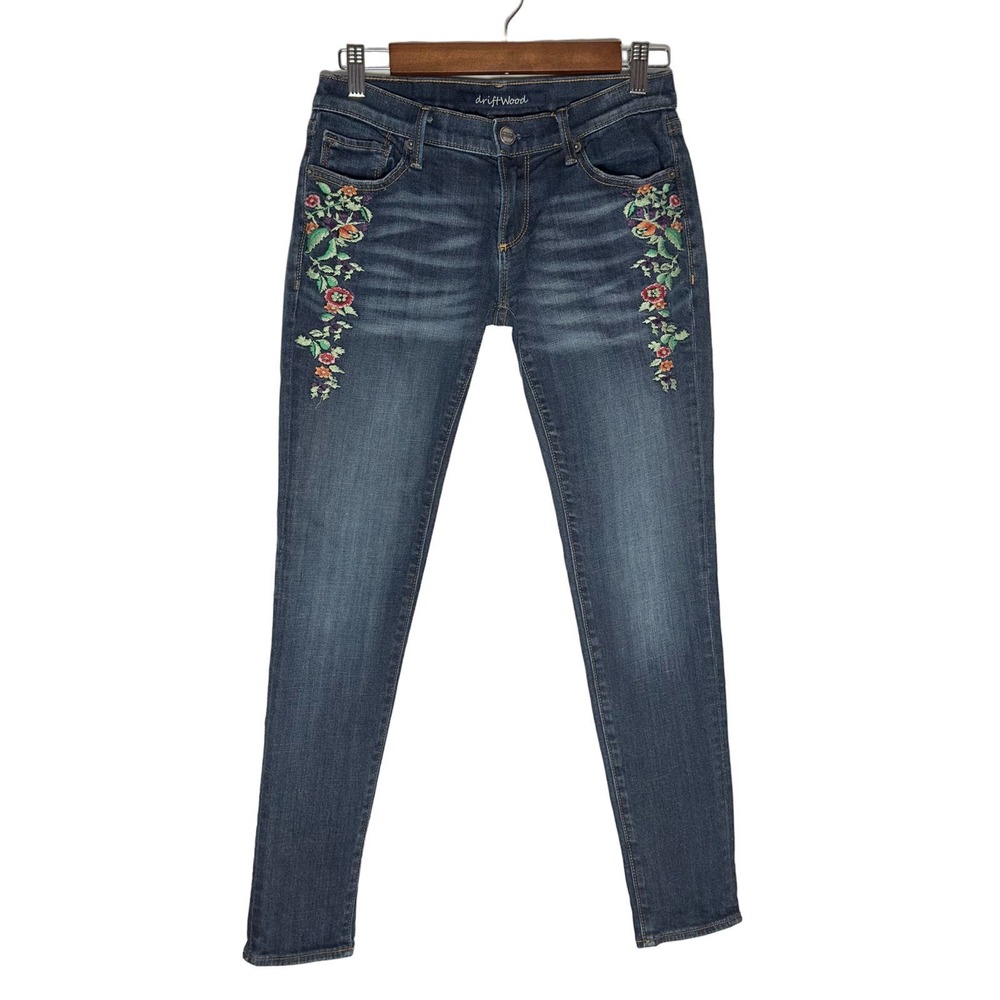 Driftwood | Women | Floral Embroidered Dark Wash Low Rise Skinny Jeans | Size 26